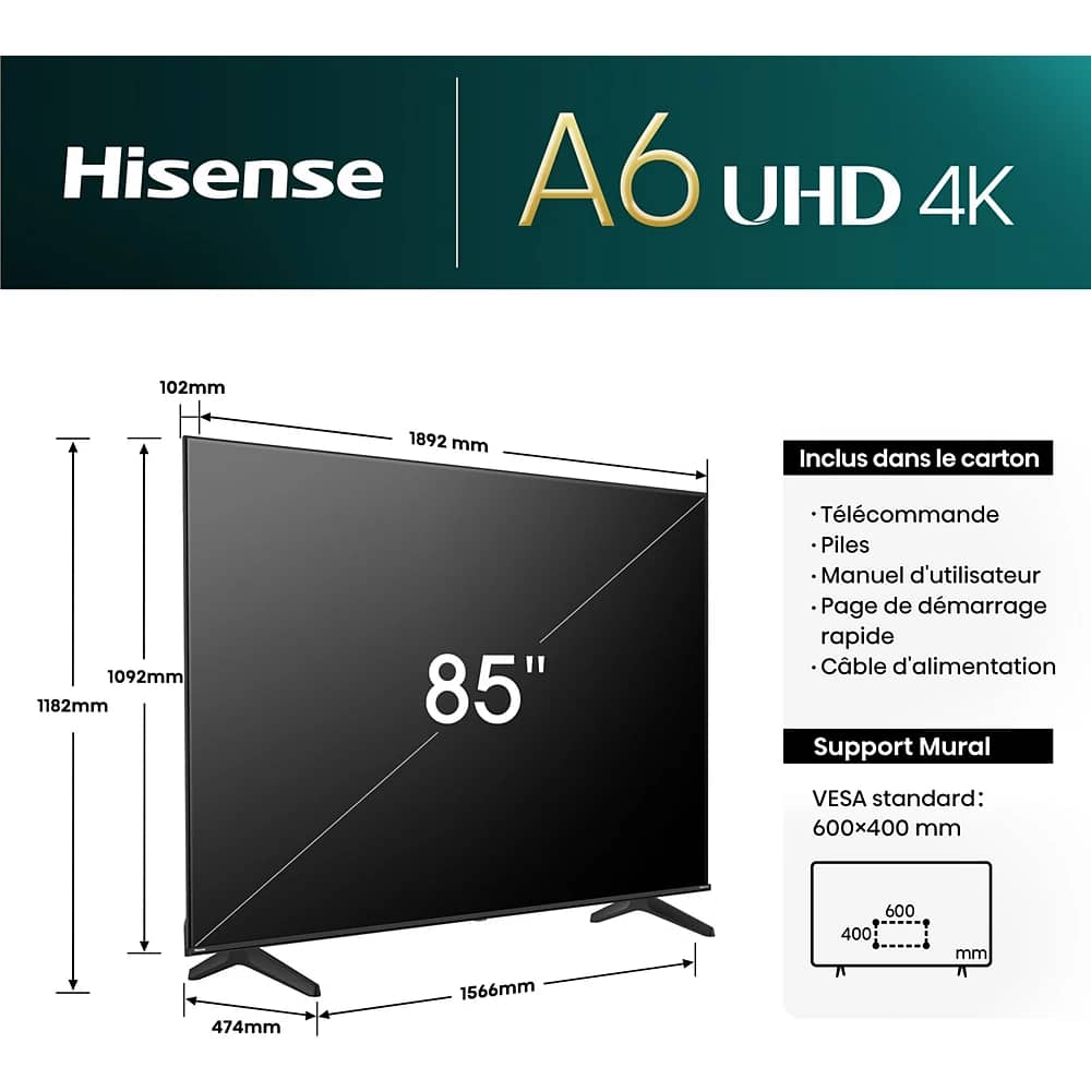TELEVISEUR HISENSE LED 85A6N UHD 4K SMART UHD QUANTUM DOT 4K SMART VIDAA – Image 3