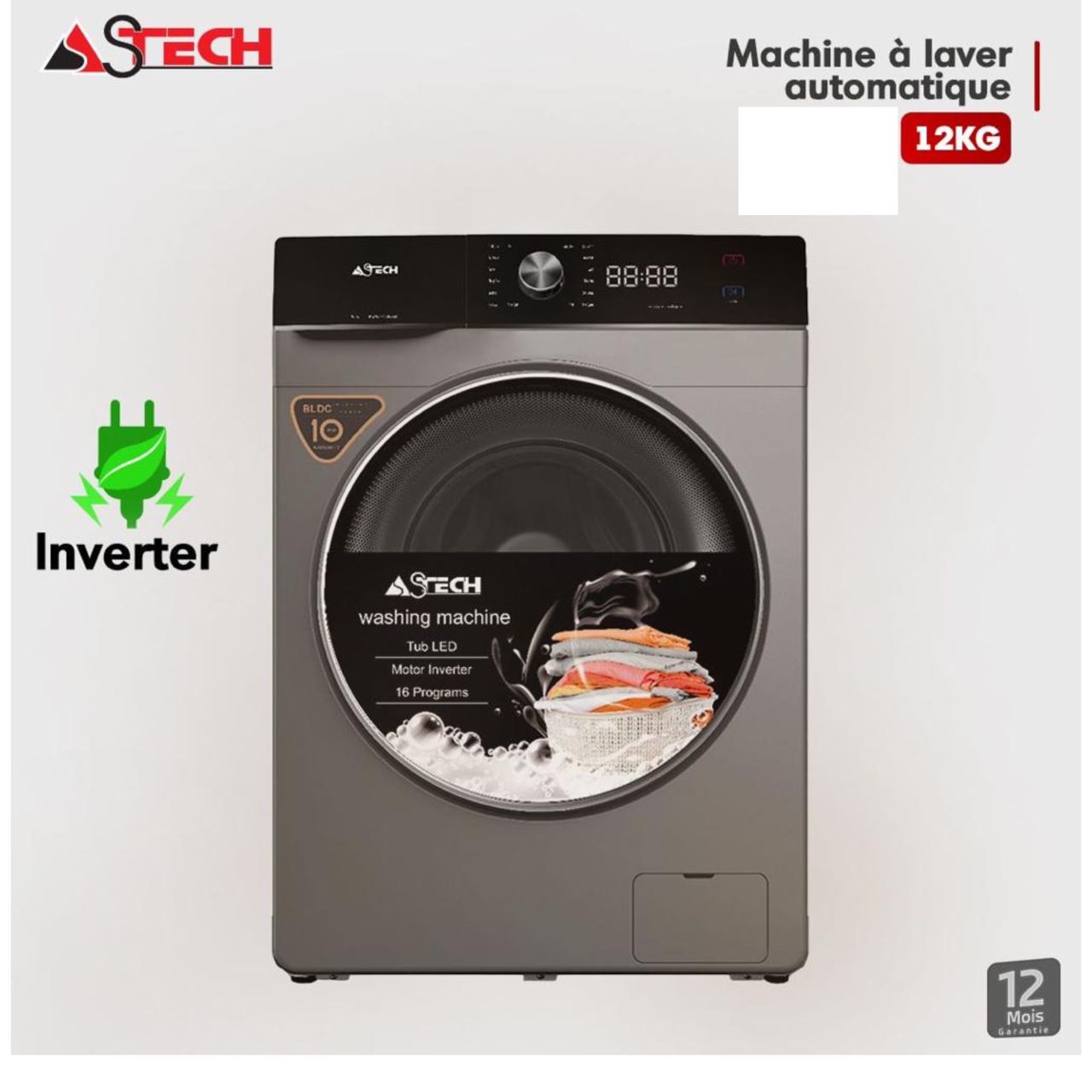 Machine à Laver Astech 12kg Inverter A+++ MLV12FN
