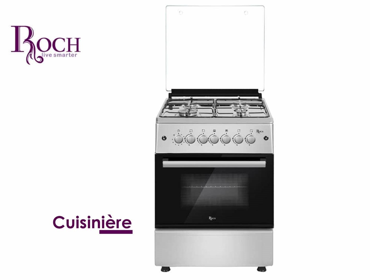 4 Feux brûleurs ouverts, Gril à gaz + four à gaz, Allumage pour tous les brûleurs, rôtisserie, lampe, Couvercle en verre, Porte de four en verre à 2 couches, 1 plaque de four, 1 grille métallique, Pieds réglables, 2 grilles d’émail, Sortie GPL Dimensions : 60×60 cm Couvercle en verre