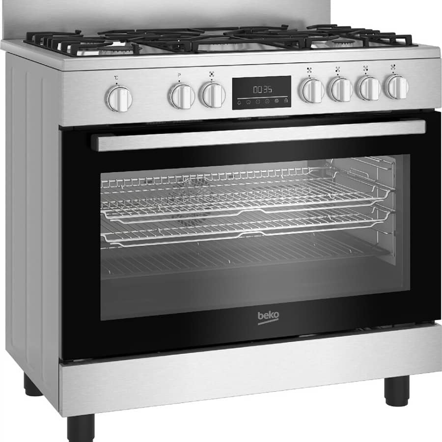 Cuisinière Beko 5 feux 90x60A gaz full option Ventilo+four electrique  Inox BGM11226EX