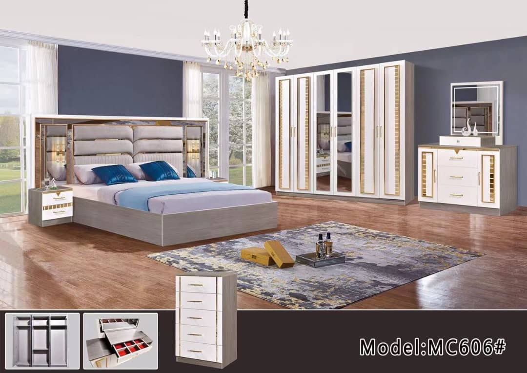 Chambre à Coucher 6 battants 5 pièces gris blanc MC606